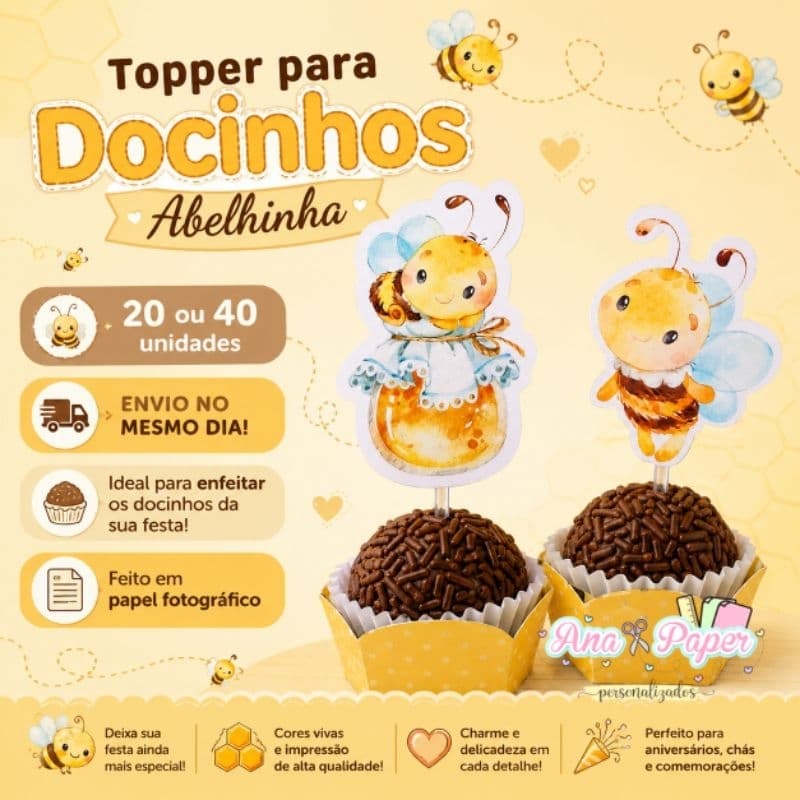 Topper para docinhos Abelhinha 20/40 unidades ENVIO NO MESMO DIA