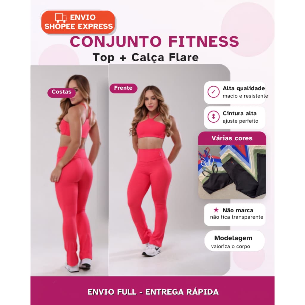 Conjunto de academia RTDA top + calça flare fitness zero transparência cintura alta