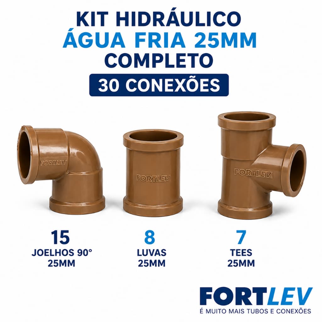 30 Conexões Fortlev 25mm 3/4 Original Água Fria 15 Joelhos 8 Luvas 7 Tes Evite Vazamentos Obra Completa Pronta Entrega