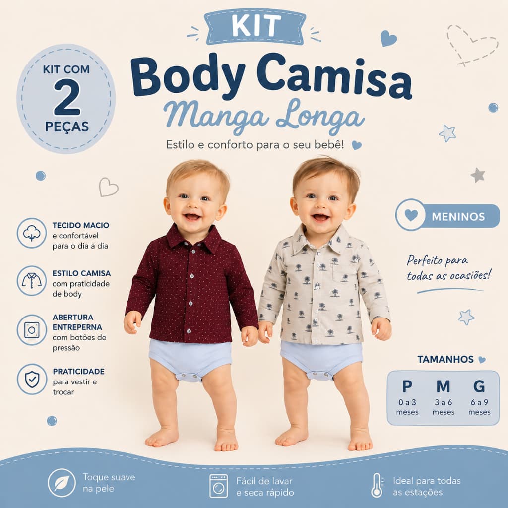 Kit 2 Body Camisa Social Manga Longa Bebê Menino +1BB