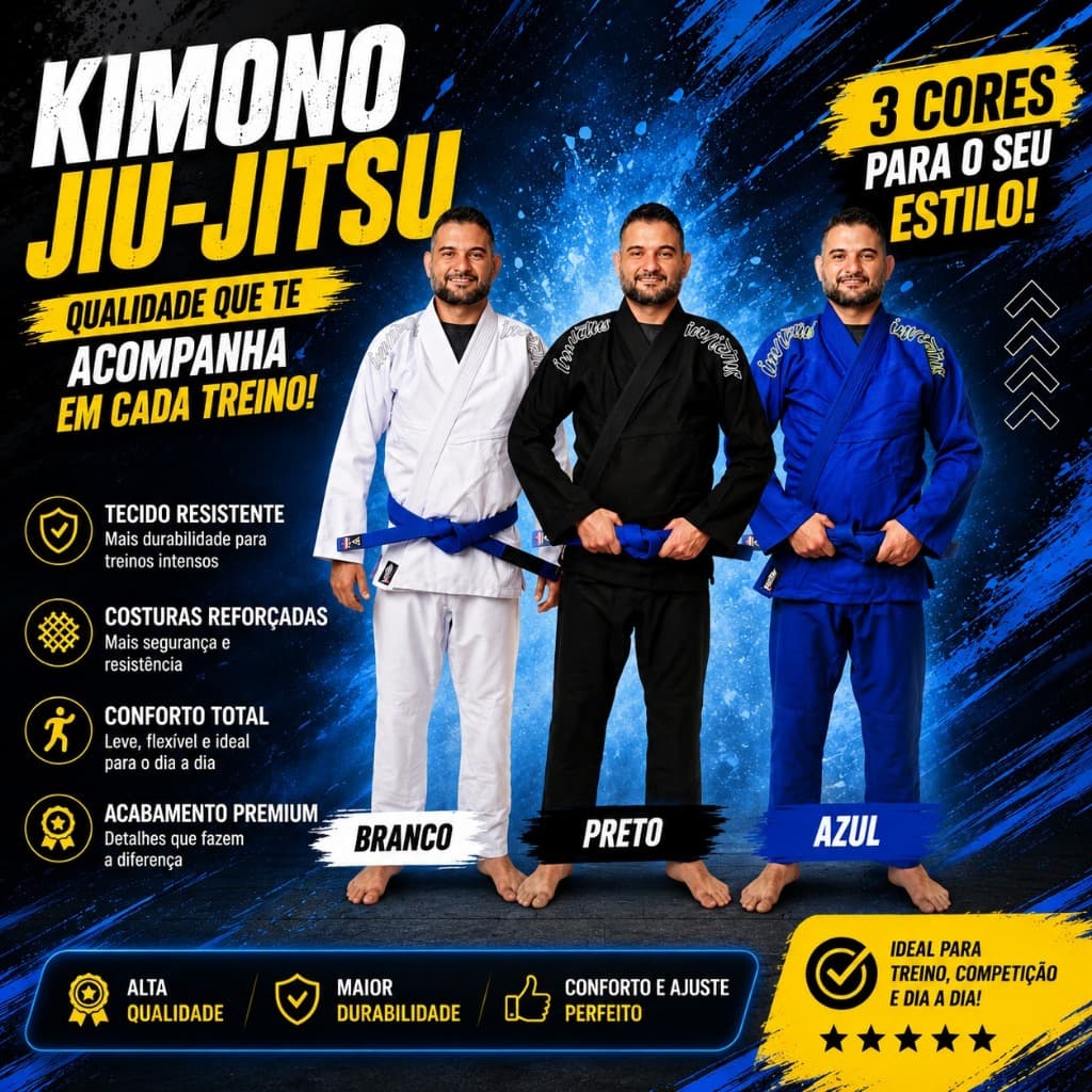Kimono Jiu Jitsu Adulto Trançado Grosso Competição Branco Preto Azul Frete Rápido