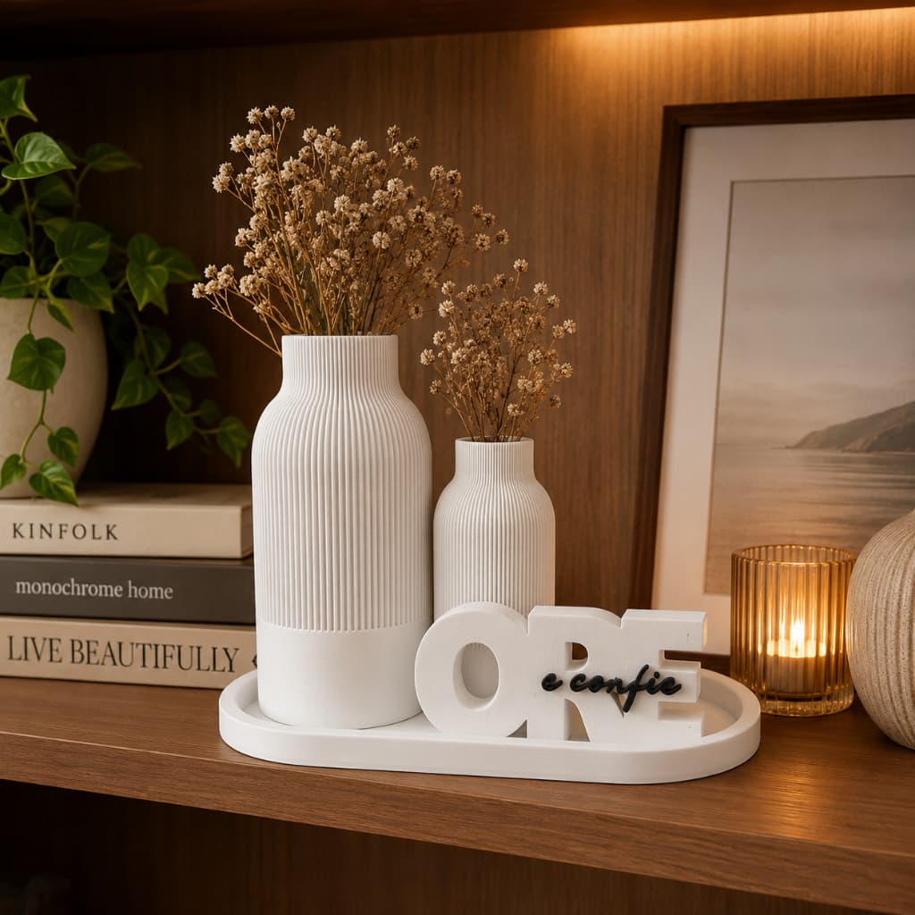 Kit Decorativo 2 Vasos Modernos com Bandeja e ORE e Confie para decoração de Sala Quarto Aparador Alta Qualidade Premium