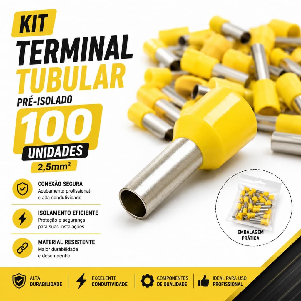Kit 100 Terminal Pré Isolado Tubular ilhós 25mm Amarelo