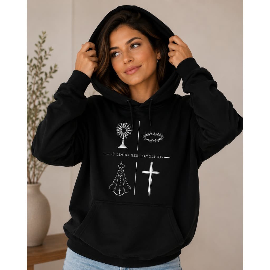 Moletom Feminino Estampa Fé Cristã Católica Agasalho Blusa de Frio Canguru