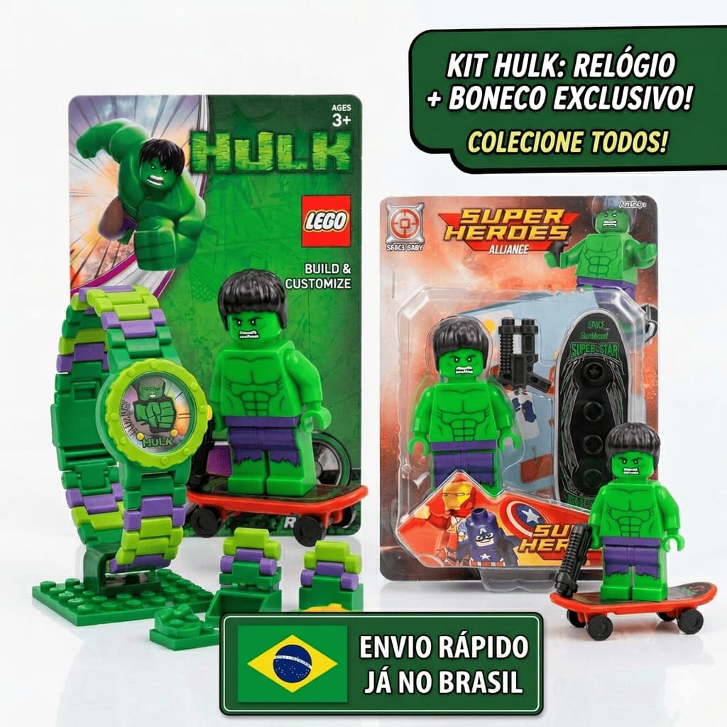 Kit Boneco Hulk + Relógio Infantil Montável Brinquedo Presente