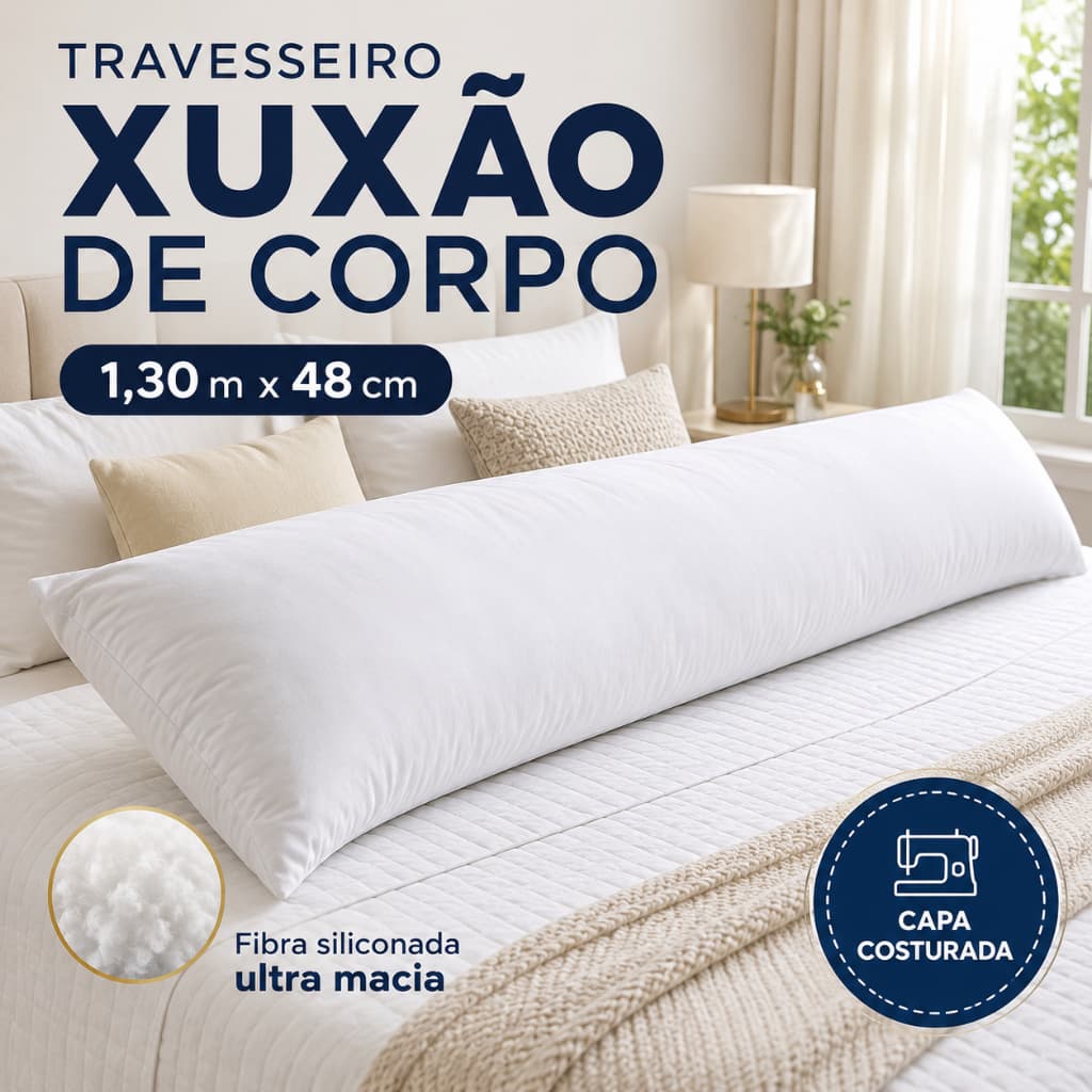 Travesseiro Xuxão De Corpo 1,30m x 48cm Fibra Siliconada Ultra Macia Branco Para Dormir Abraçado
