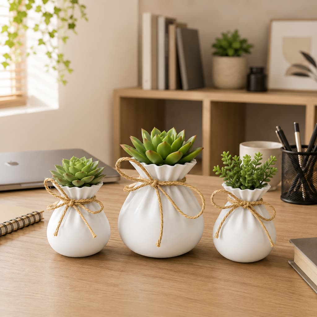 Kit 3 Vasos Cachepot Decoração Cactos Suculentas Planta Artificial Natural Decorar Escritorio Sala