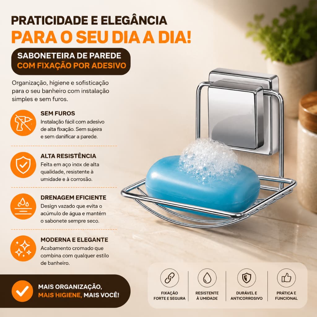 Saboneteira Cromada Com Ventosa Suporte para Sabonete Banheiro Banho