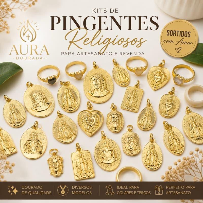 Kit Pingentes Religiosos Dourados Sortidos para Terços, Colares e Artesanato