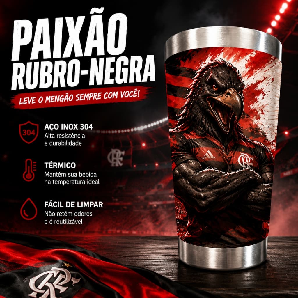 Copo Térmico Inox Personalizado para Torcedores Flamengo Estampa Exclusiva Resistente Sem Odor
