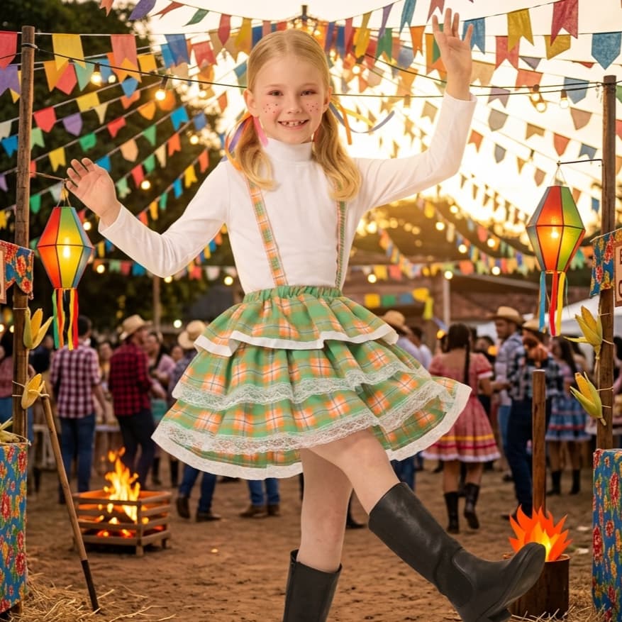 Fantasia Festa Junina Saia Infantil Menina Caipira Verde Xadrez | São João e Quadrilha