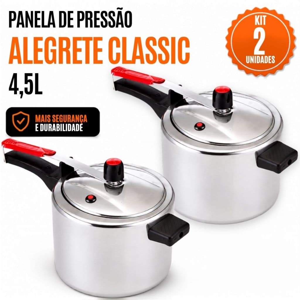 Conjunto Panelas de Pressão Alegrete Classic 4,5 Litros Polida Tradicional C/ Válvula Segura 2 Peças