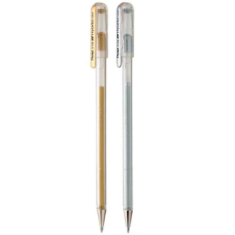 Caneta Gel Hybrid Roller Pentel Prata ou Dourada