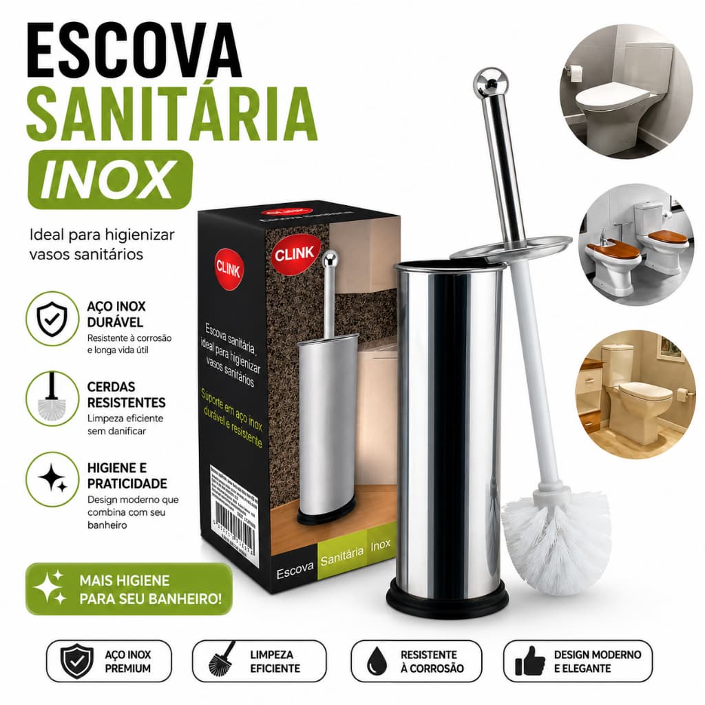 Escova Sanitaria Vassoura Vaso Aço Inox Suporte Banheiro Limpeza
