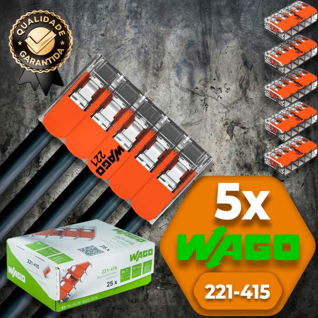 Conector de Fio Elétrico Wago 221-415 Conector Wago Emenda 4mm² 32A conexão automática Kit 5 peças