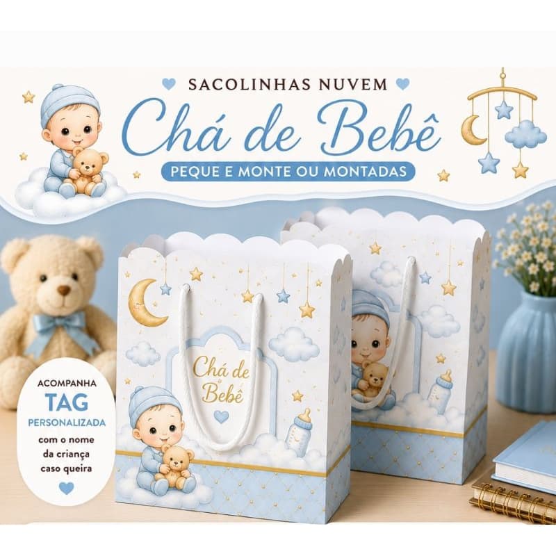Sacolinhas Personalizadas Chá de Bebê Menina – Modelo Nuvem Luxo, Sacolinha Personalizada, Aniversário Infantil