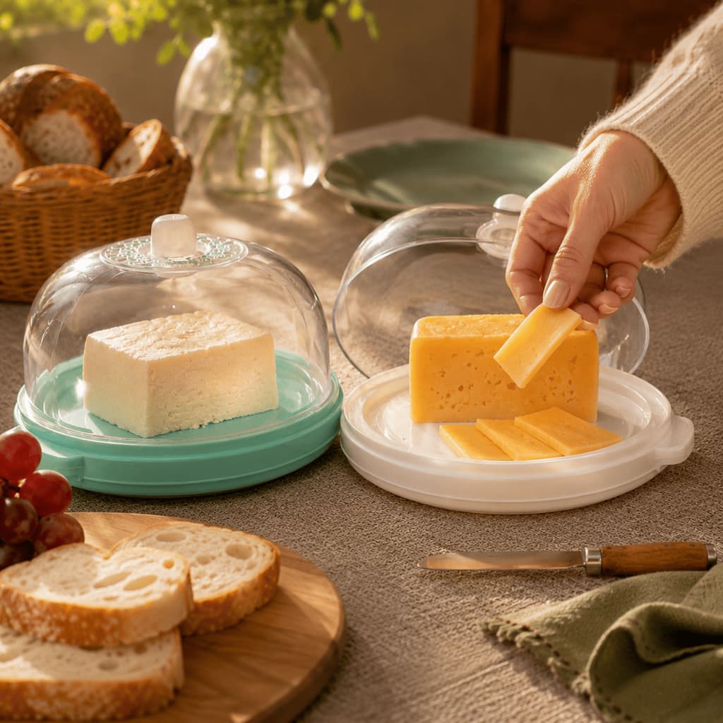 Queijeira Plast Prime Ercaplast com Tampa Porta Queijo Plástico Resistente Grande Branca Azul Café