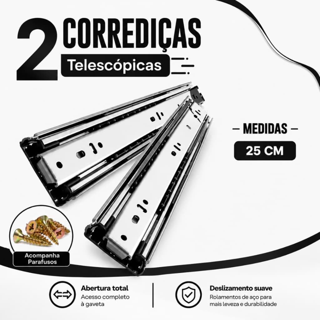 Kit com 2 corrediças telescópicas para gavetas de armários, leves, de 25cm a 50cm, em aço leve.