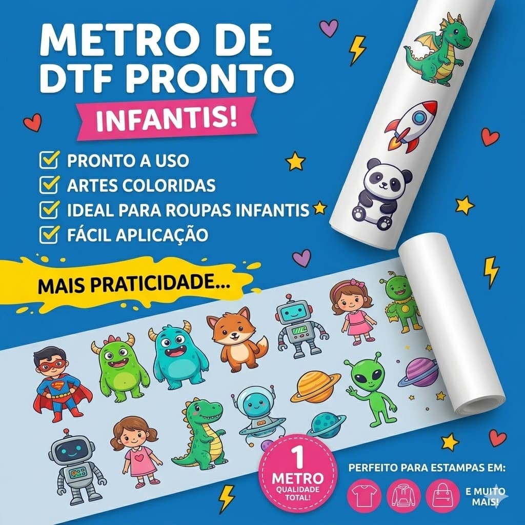DTF PRONTO COM ARTES E PERSONAGENS INFANTIS 1 METRO PARA VOCÊ UTILIZAR E APLICAR
