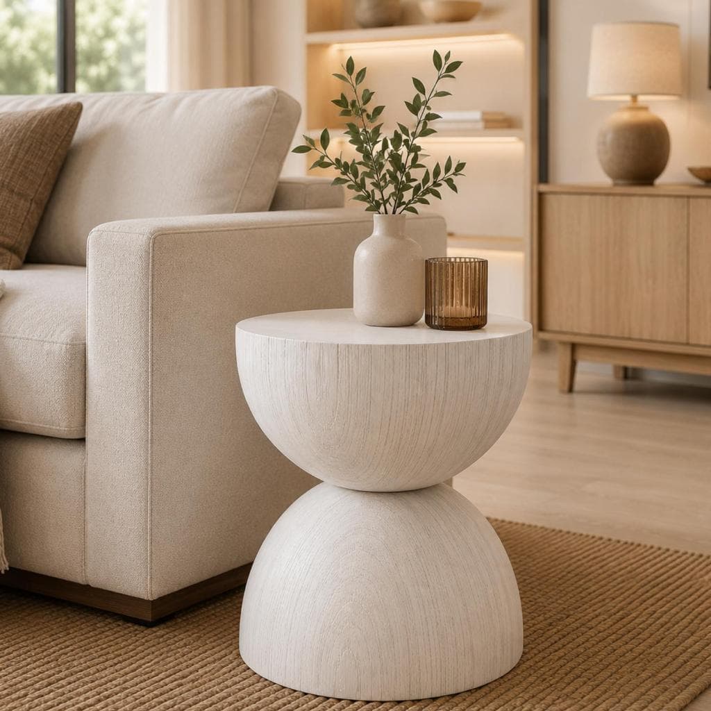 Mesa Lateral Madeira Maciça Redonda Pedestal Branco