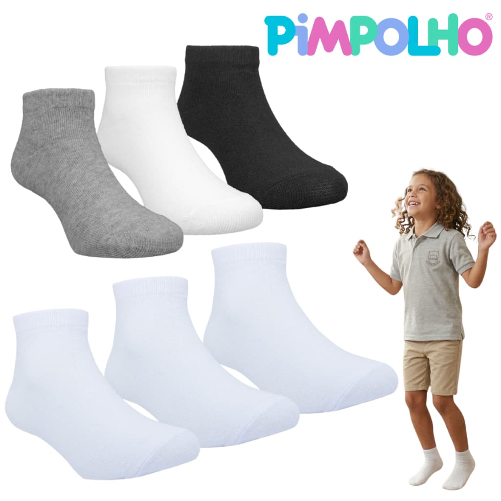Kit Meia da Pimpolho Infantil Menina Menino Tam.31-34 70% Algodão Meias Lisas 3 ou 6 Pares