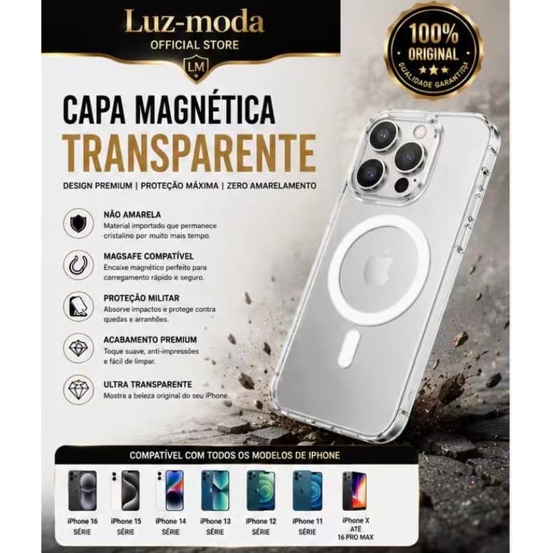 Capa Magnética Transparente Compatível com Todos os Modelos de iPhone | Anti Amarelamento | MagSafe