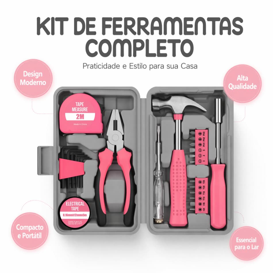 Kit de Ferramentas Completo Rosa Compacto Portátil Martelo Alicate Fita Métrica Chaves Phillips Para Reparos Domésticos