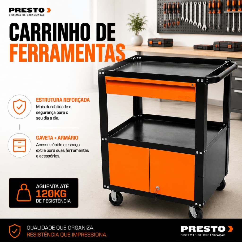 Carrinho Auxiliar de Ferramentas Carrinho C/ Gaveta Carrinho Metal Ferramenta Oficina Presto Armário