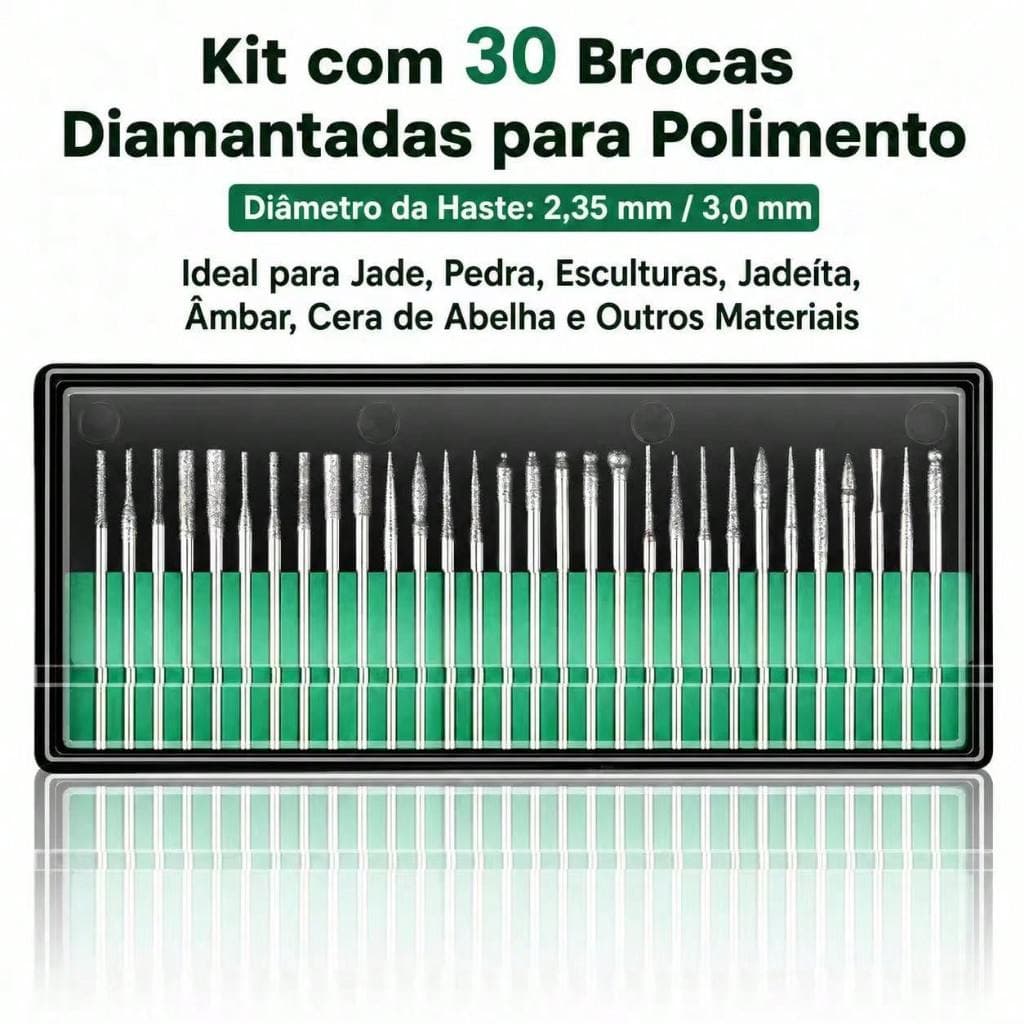 Kit 30 Brocas Diamantadas para Polimento Escultura Jade Pedra Âmbar Haste 2,35mm/3,0mm