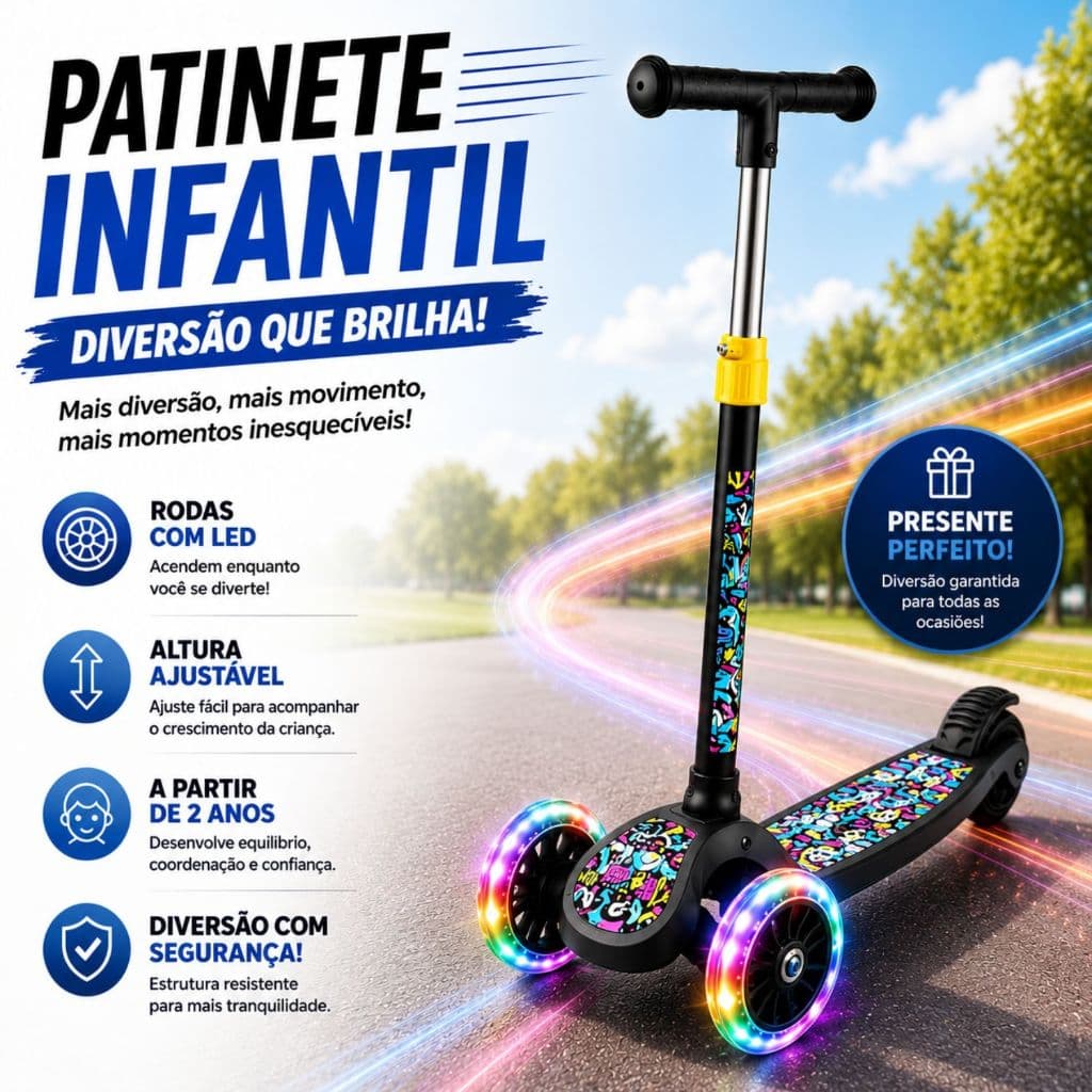 Patinete Infantil 3 Rodas Luzes Led Dobrável Regulável Preto