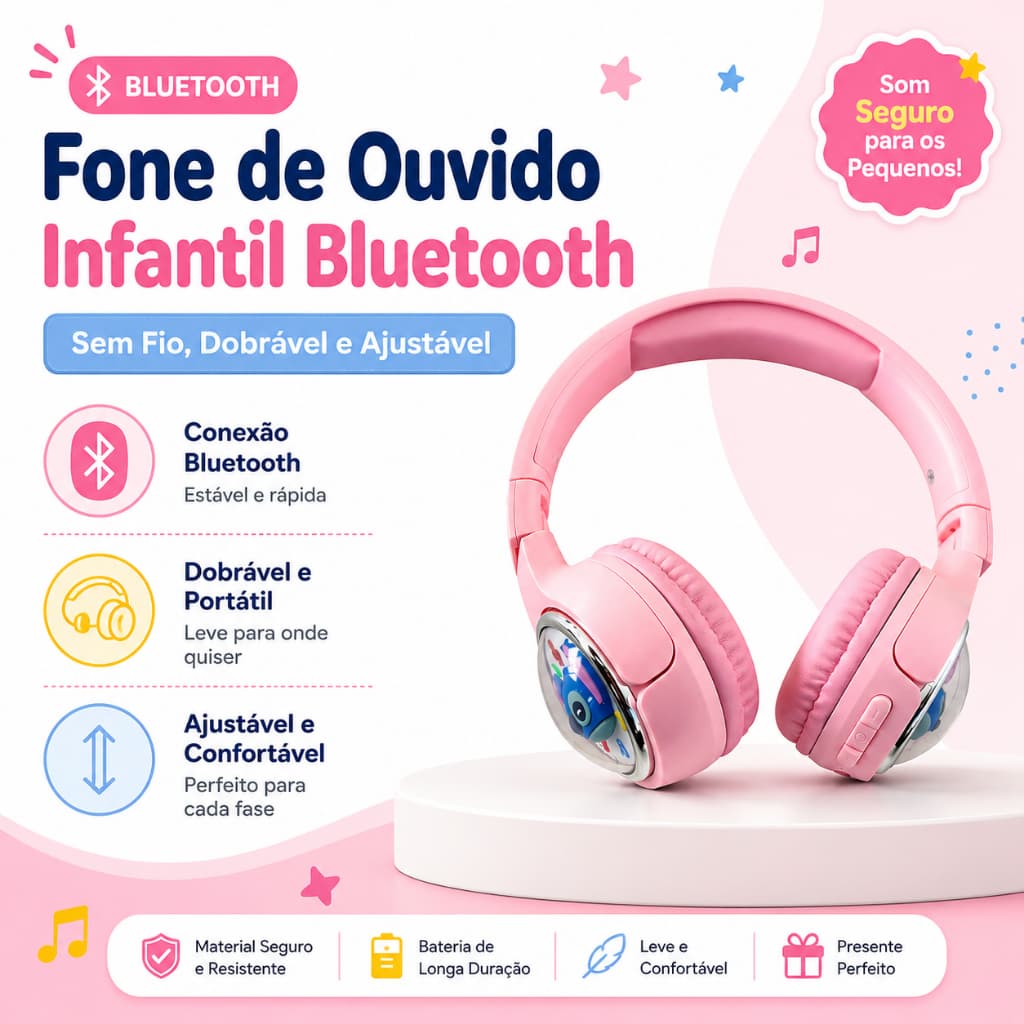 Fone de Ouvido Infantil Bluetooth Sem Fio Dobrável com Microfone Headphone Criança Ajustável