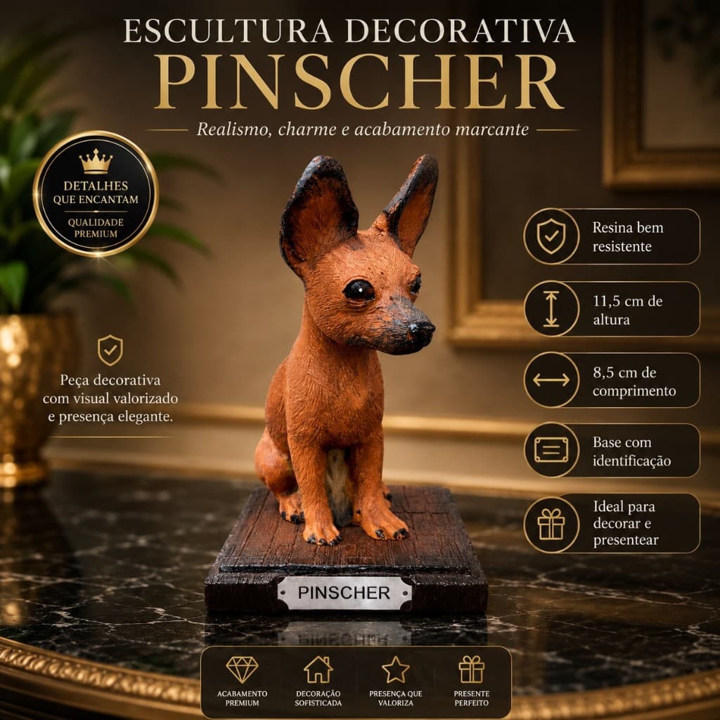 Escultura Decorativa Cachorro Pinscher Realista Marrom
