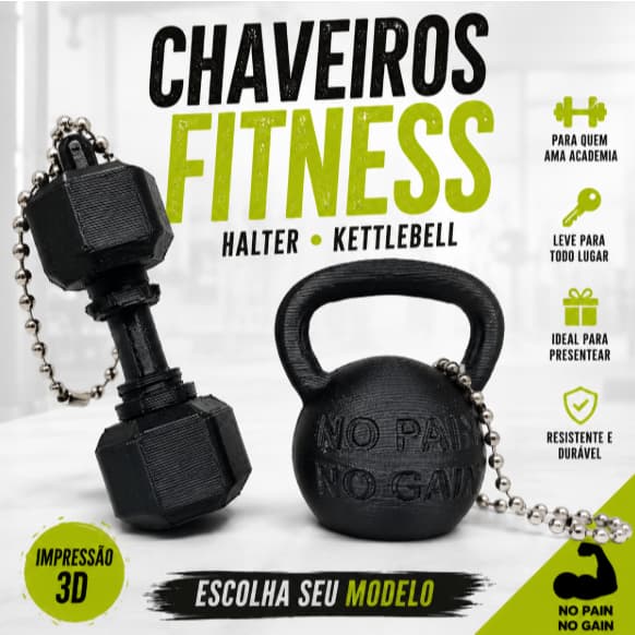 Chaveiro Fitness Academia Halter ou Kettlebell Impressão 3D