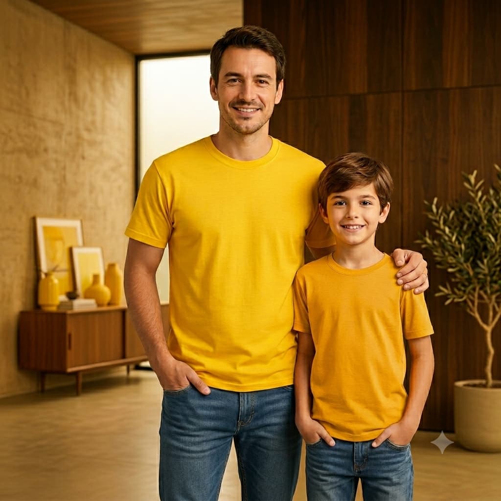 Kit Pai E Filho Camiseta Lisa Amarela Premium Manga Curta