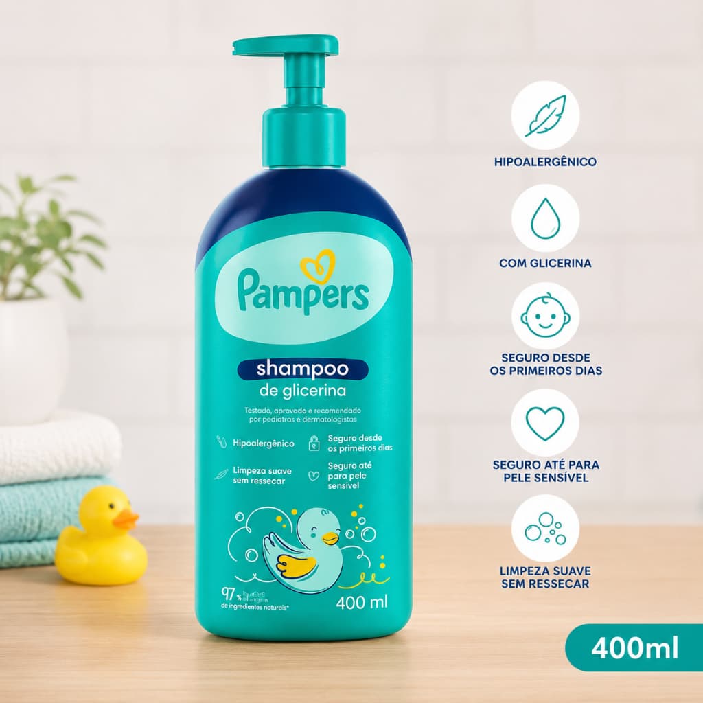 Shampoo Infantil Pampers Glicerina Hipoalergênico 400ml Cabelos Delicados