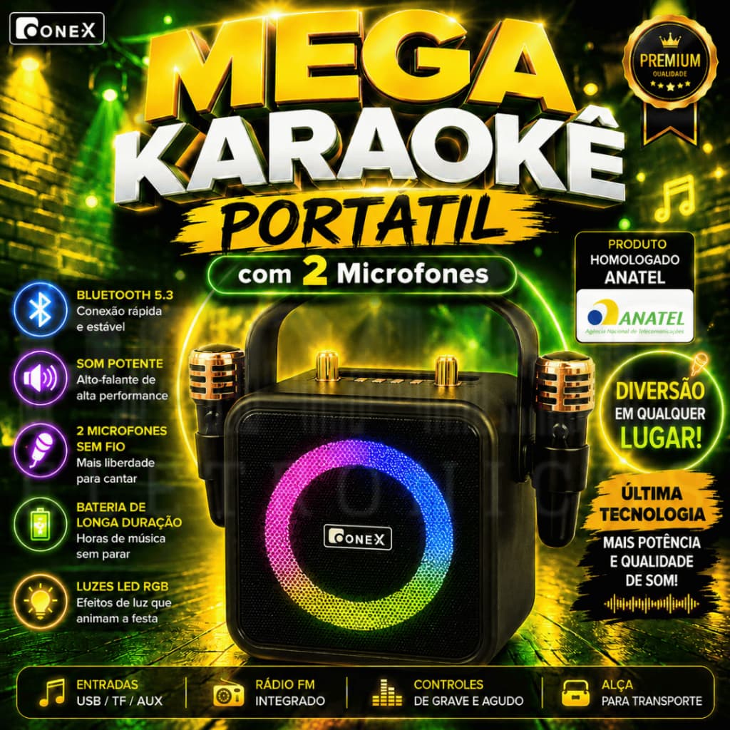 Karaokê 2 Microfones e Caixa de Som 25W Potente Bluetooth Portátil 25W Rádio FM TWS USB