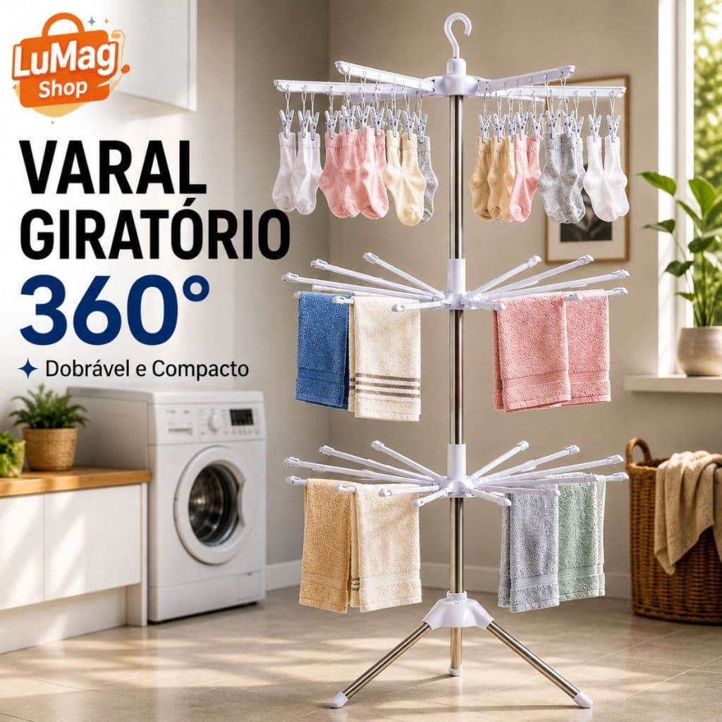Varal de Chão Dobrável Giratório 360° 24 Prendedores 32 Hastes Branco para Roupas Íntimas e Meias