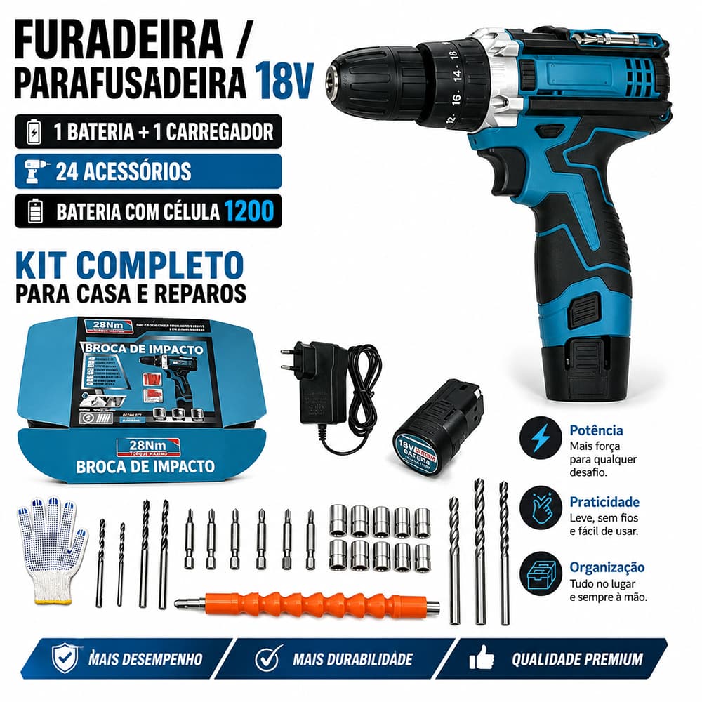 Furadeira Parafusadeira 18V 28Nm com 1 Bateria e Carregador 24 Acessórios Mandril Rápido Compacta