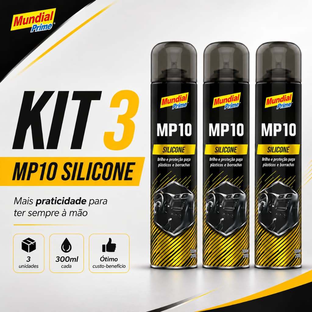 Kit 3 Silicone Spray Automotivo Mundial Prime 300ml Painel Plástico Borracha Brilho