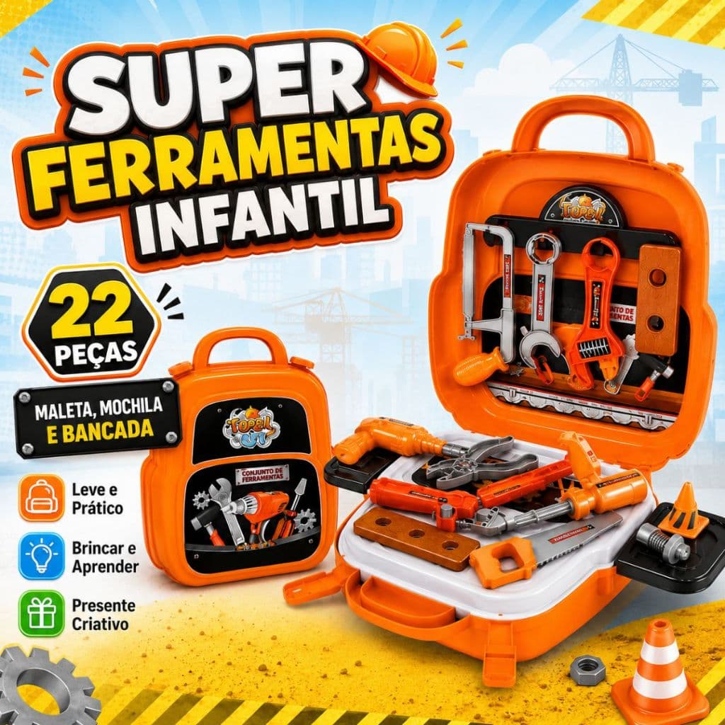 Maleta de Ferramentas Infantil Brinquedo Educativo 3 em 1 22 Peças