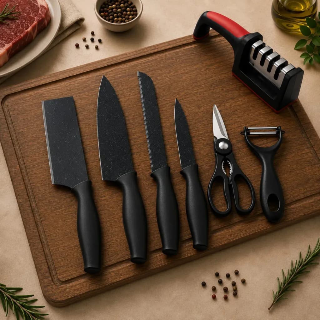 Kit Jogo Facas Inox Cozinha Churrasco 6 Peças Aço com Afiador Conjunto Profissional Aquattro