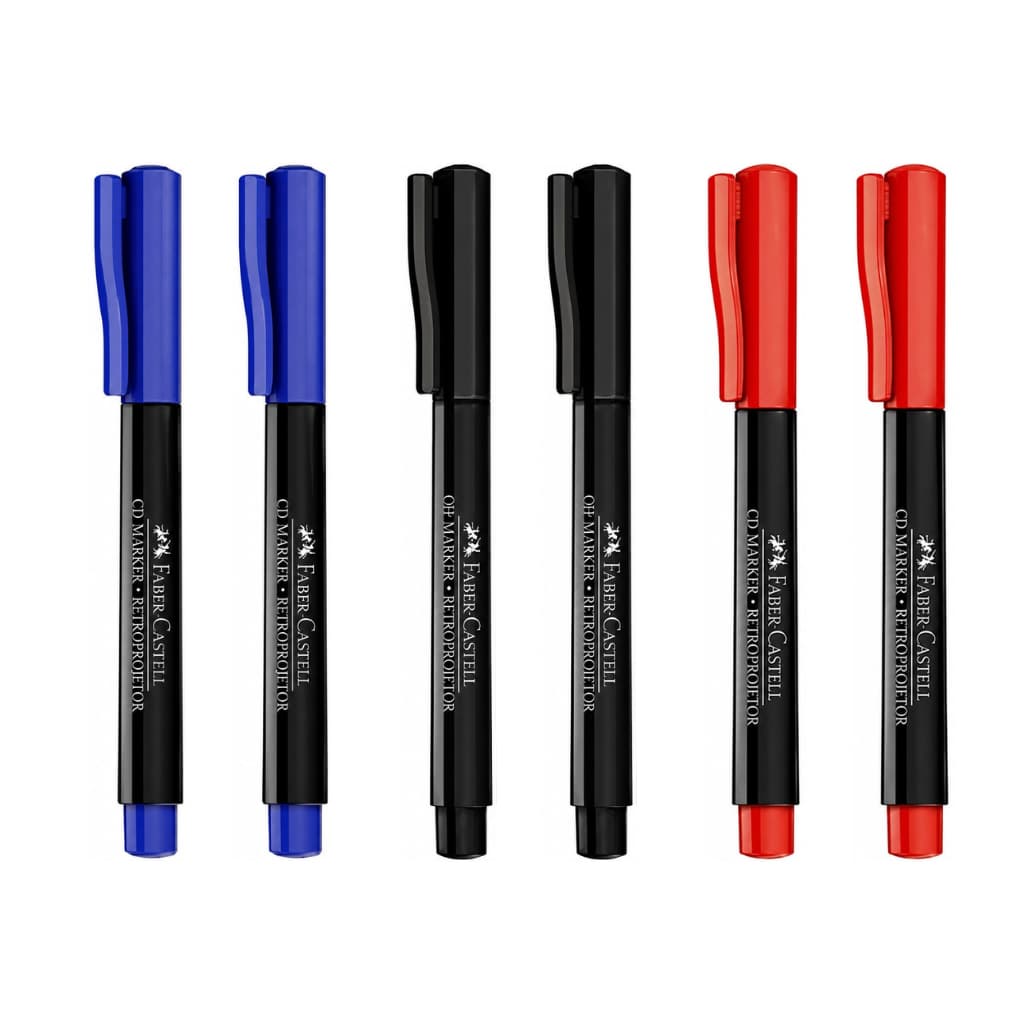 Kit 6 Marcador Permanente Retroprojetor Faber Castell Preto/Azul/Vermelho Ponta Média 1,0mm