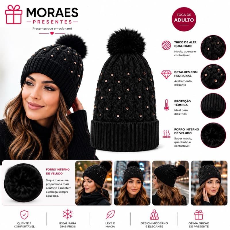 Touca feminina adulta com pompom, pedrarias e forro de veludo. Quentinha, elegante e ideal para o inverno.