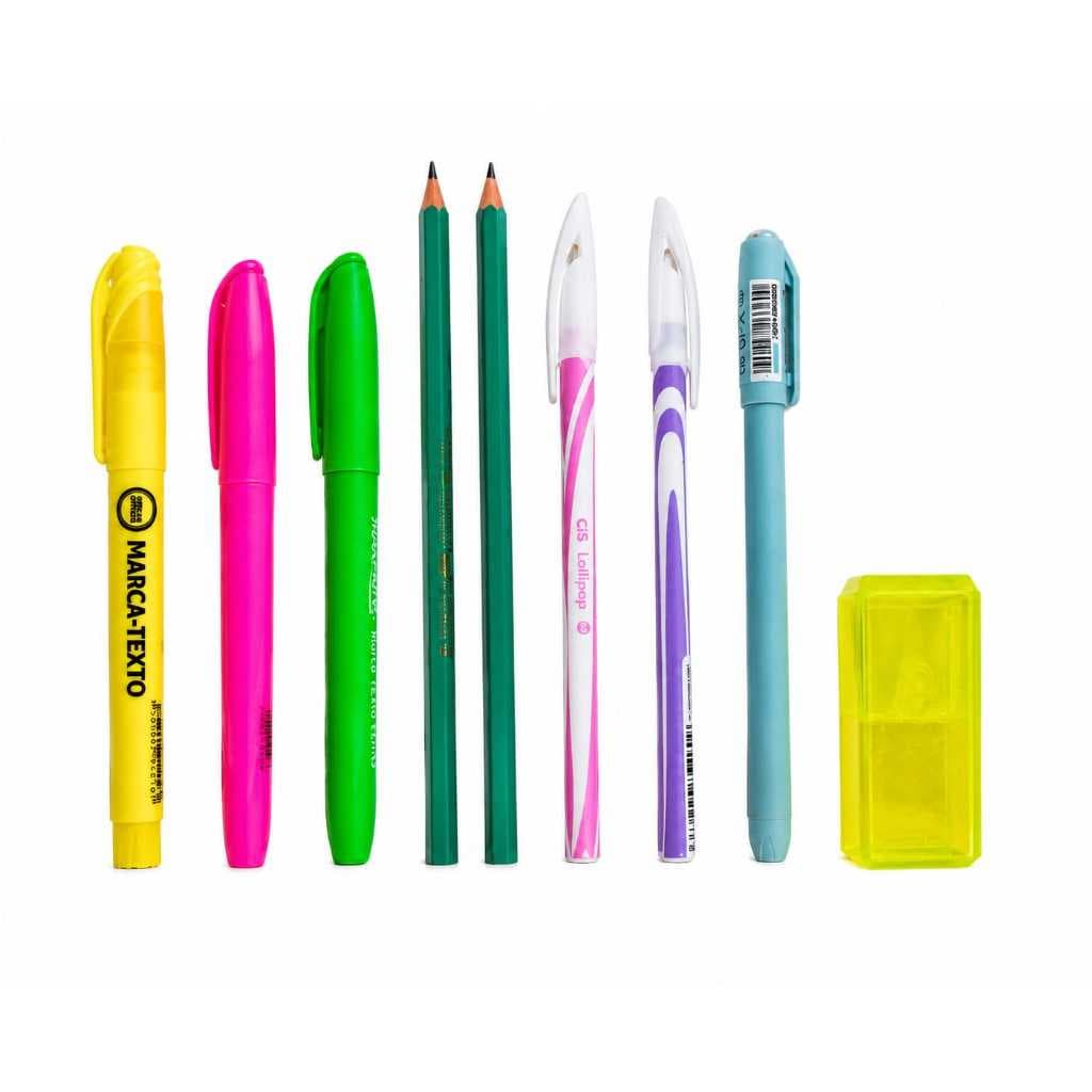 Kit Escolar Completo Canetas Coloridas Marca Texto Lápis Lapiseira Apontador Material Escolar