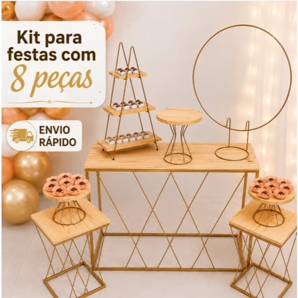 Kit Decoração Festa com 8 Peças Trio Mesas Trançadas Boleiras Escadinha de Doces Mini Arco de Mesa..