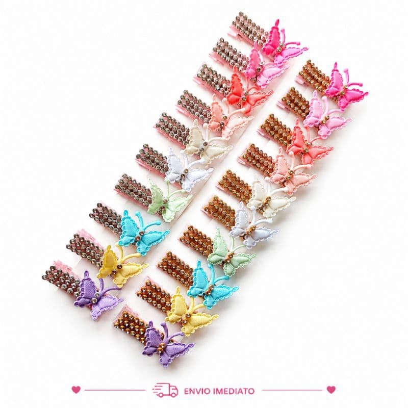 Kit 10 mini bico de pato BB RN Antideslizantes para Bebê Borboleta com Strass  | Bico de Pato Infantil Luxo