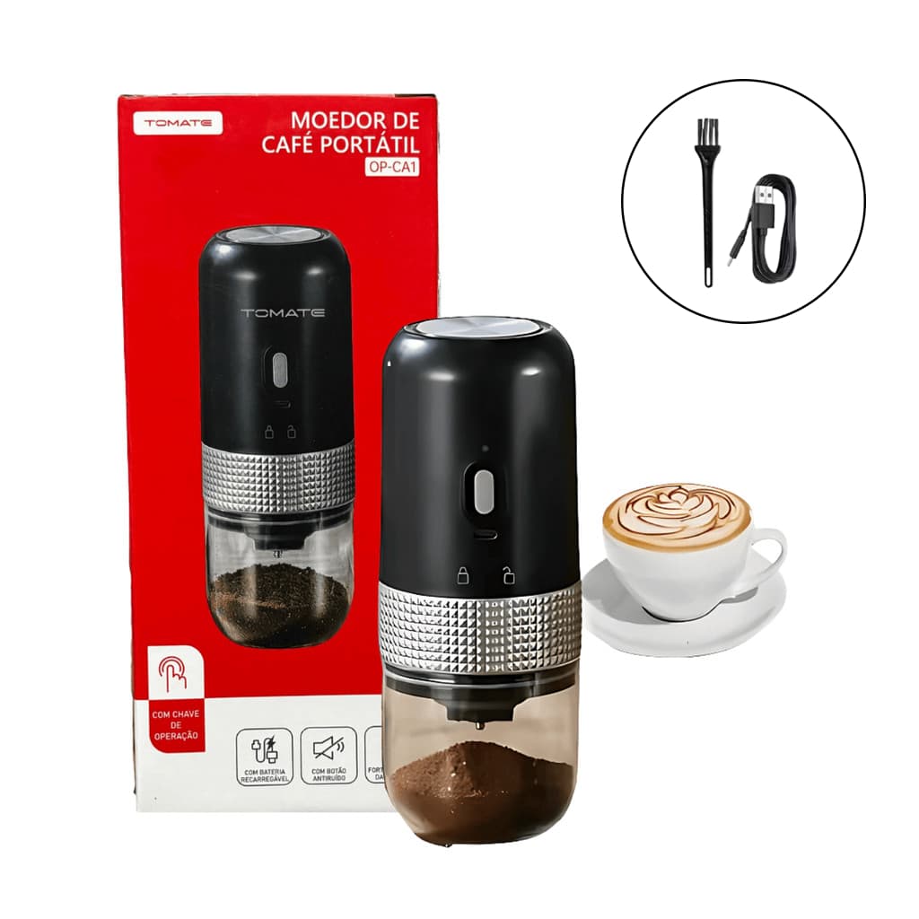 Moedor de Café Elétrico Portátil  Recarregável Ajustável e com Escova de Limpeza