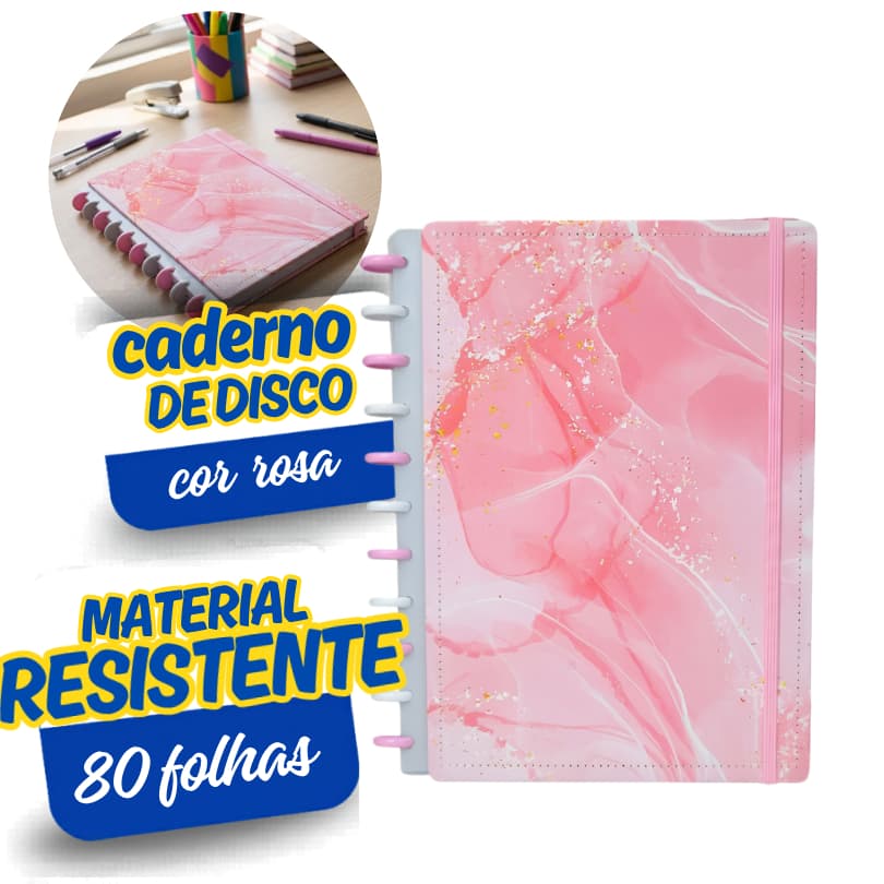 Caderno Grande Capa Dura Rosa Disco Reposicionavel 80 Folhas Papel Resistente Estiloso