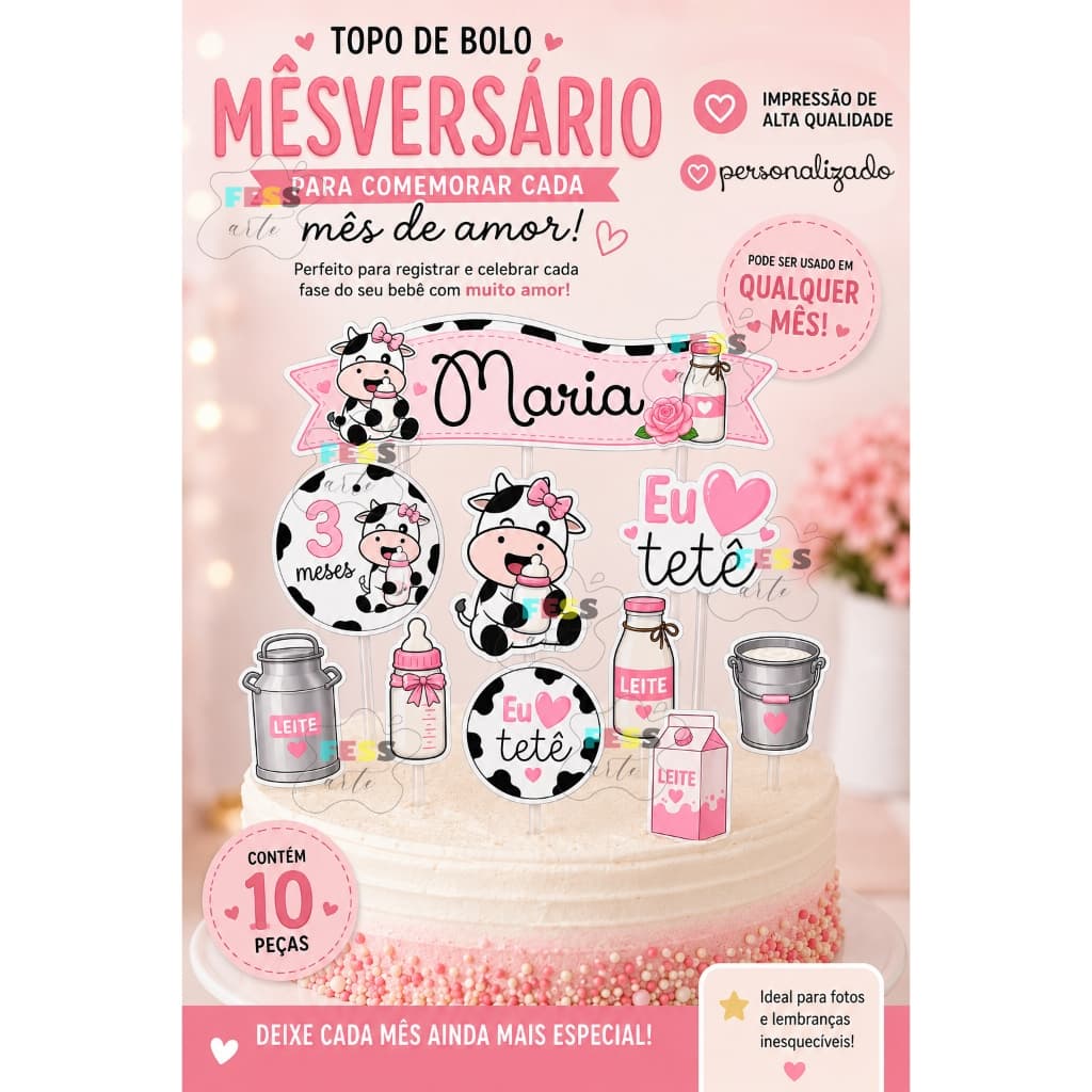 topo de bolo eu amo tetê 10 peças mêsversário personalizado menina bebê decoração tag barato kit