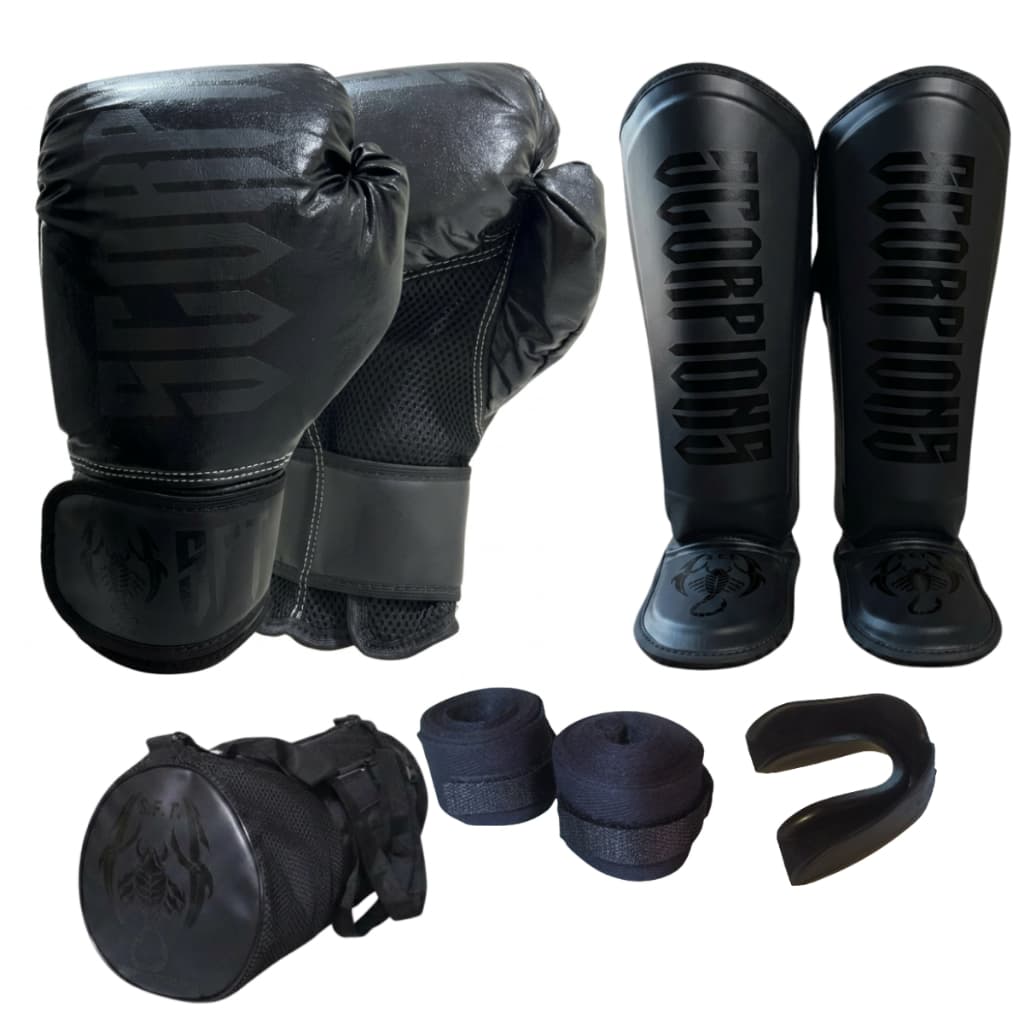 Kit Muay Thai Boxe Kinckboxing Scorpions | Luva Boxe+Caneleira+Protetor Bucal+Bandagem+ Bolsa(letra)